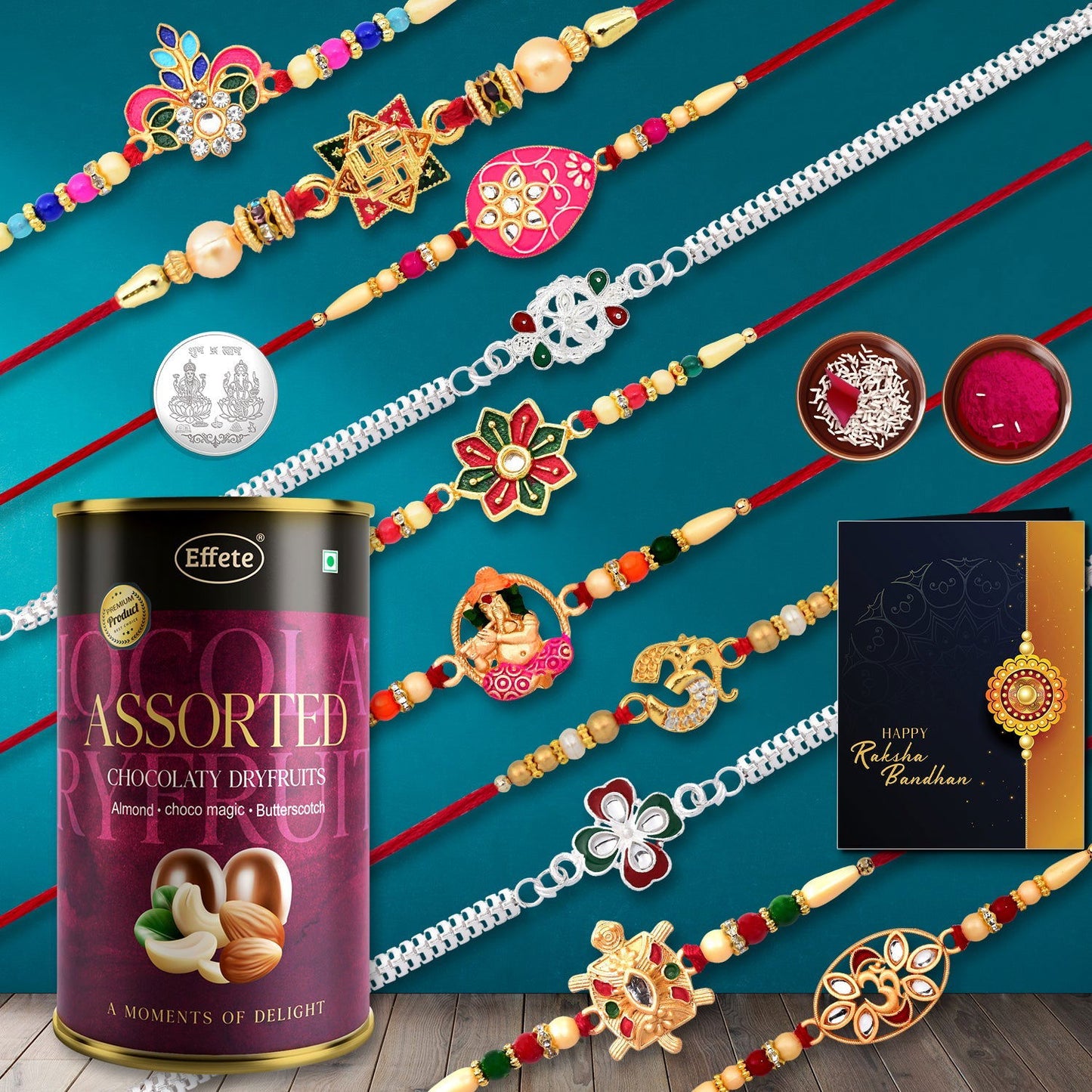 10 Rakhi Set With Golden Color Traditional And Silver Color Rakhi With Effete Assorted Chocolate 96Gm ,Silver Color Pooja Coin, Roli Chawal & Greeting Card - Needs You