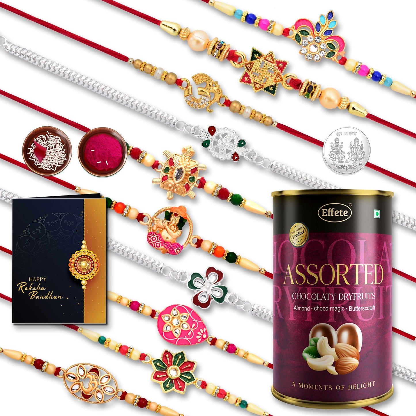 10 Rakhi Set With Golden Color Traditional And Silver Color Rakhi With Effete Assorted Chocolate 96Gm ,Silver Color Pooja Coin, Roli Chawal & Greeting Card - Needs You