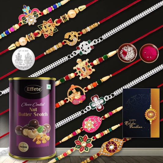 10 Rakhi Set With Golden Color Traditional And Silver Color Rakhi With Effete Butterscotch Chocolate 96Gm ,Silver Color Pooja Coin, Roli Chawal & Greeting Card - Needs You