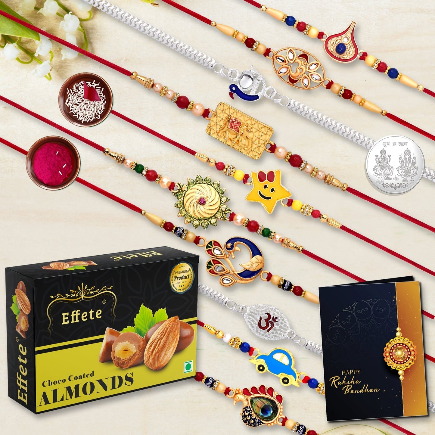 10 Rakhi Set With Golden Color Traditional And Silver Color Rakhi With Effete Choco Almond Chocolate 32Gm ,Silver Color Pooja Coin, Roli Chawal & Greeting Card - Needs You