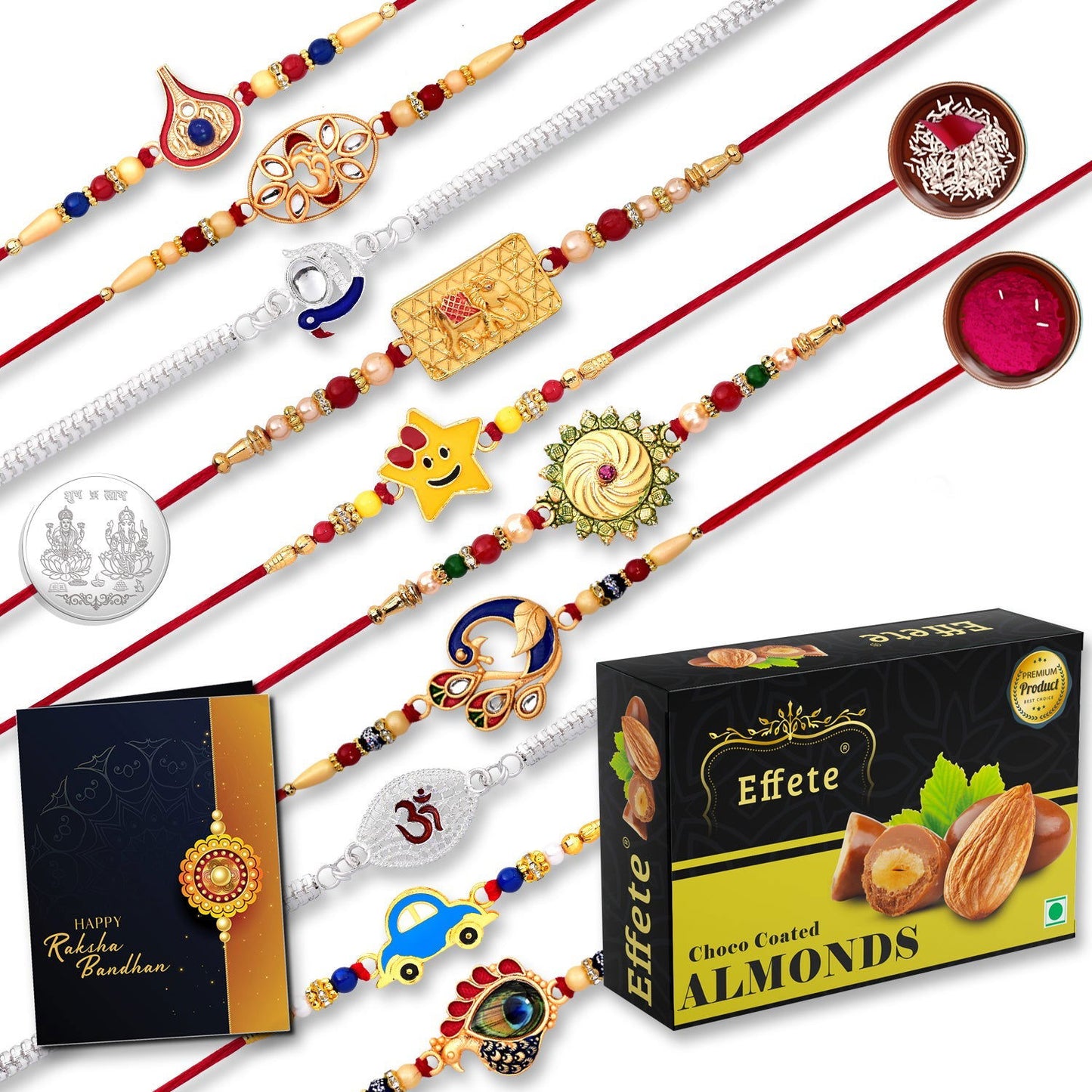 10 Rakhi Set With Golden Color Traditional And Silver Color Rakhi With Effete Choco Almond Chocolate 32Gm ,Silver Color Pooja Coin, Roli Chawal & Greeting Card - Needs You