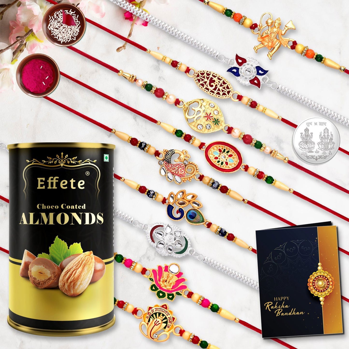 10 Rakhi Set With Golden Color Traditional And Silver Color Rakhi With Effete Choco Almond Chocolate 96Gm ,Silver Color Pooja Coin, Roli Chawal & Greeting Card - Needs You