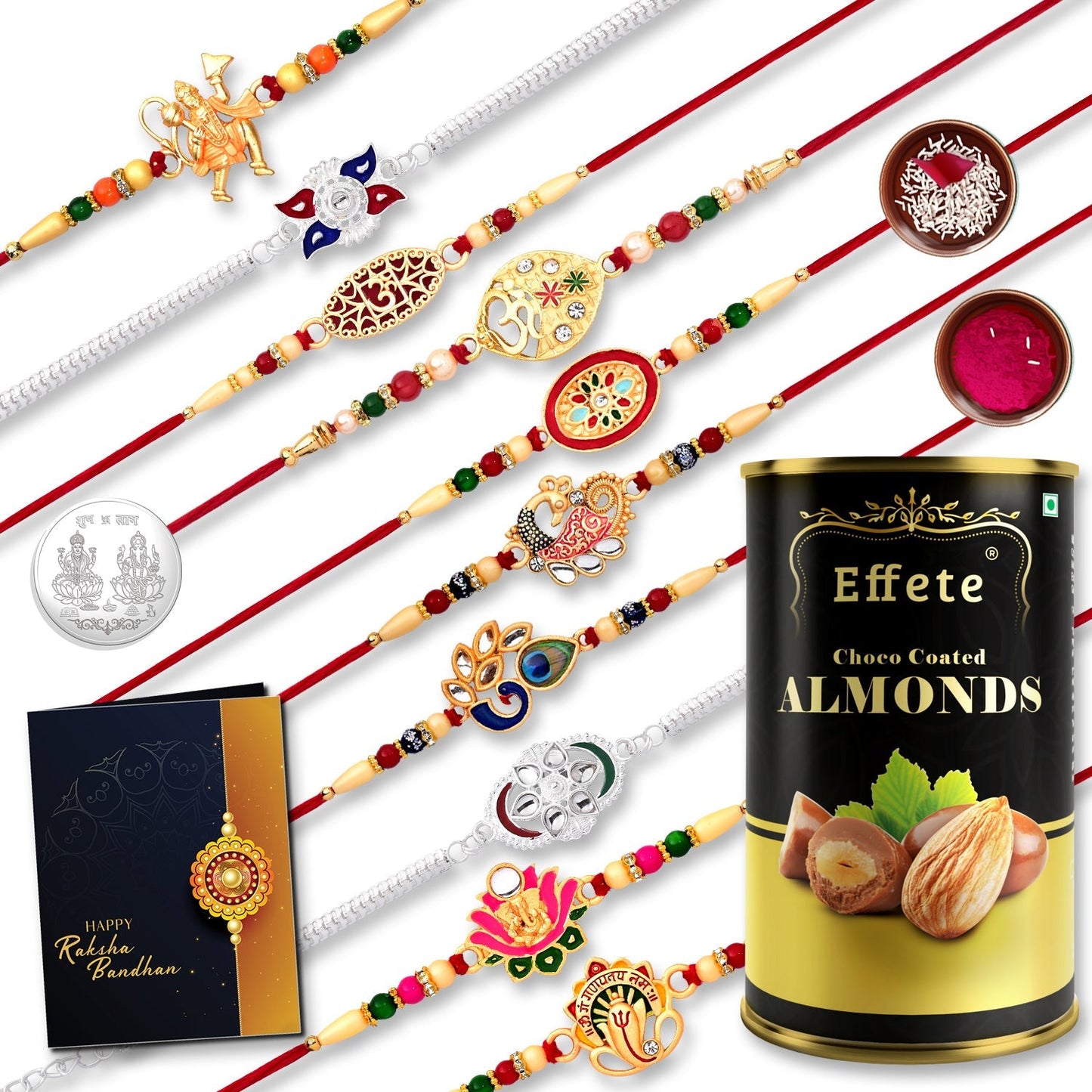 10 Rakhi Set With Golden Color Traditional And Silver Color Rakhi With Effete Choco Almond Chocolate 96Gm ,Silver Color Pooja Coin, Roli Chawal & Greeting Card - Needs You