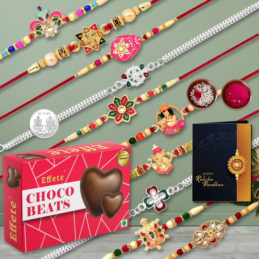 10 Rakhi Set With Golden Color Traditional And Silver Color Rakhi With Effete Choco Beats Chocolate 32Gm ,Silver Color Pooja Coin, Roli Chawal & Greeting Card - Needs You