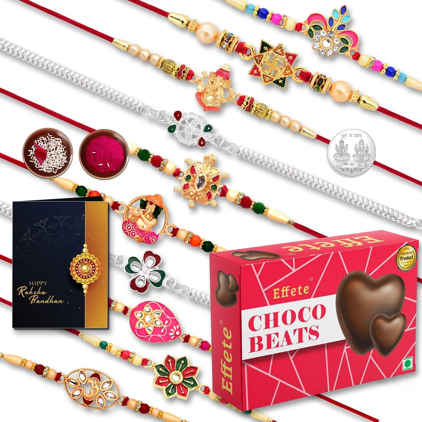 10 Rakhi Set With Golden Color Traditional And Silver Color Rakhi With Effete Choco Beats Chocolate 32Gm ,Silver Color Pooja Coin, Roli Chawal & Greeting Card - Needs You