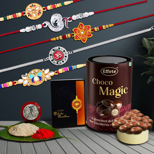 5 Rakhi Set With Golden Color Rakhi And 2 Silver Color Traditional Rakhi With Effete Magic Chocolate 96Gm ,Silver Color Pooja Coin, Roli Chawal & Greeting Card - Needs You