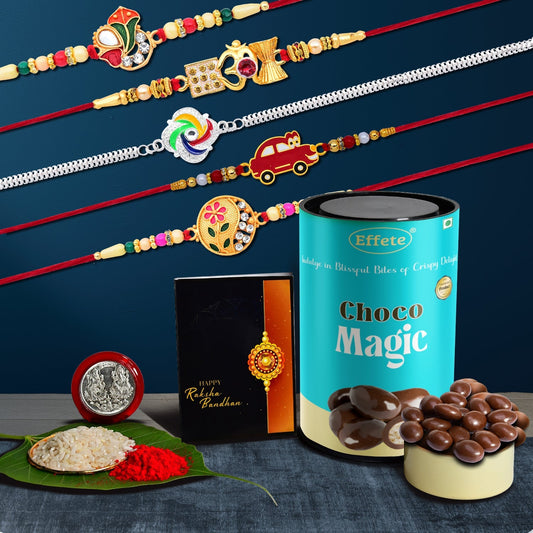 5 Rakhi Set With Kids Rakhi And Golden Color Rakhi With Effete Choco Magic Chocolate 96Gm ,Silver Color Pooja Coin, Roli Chawal & Greeting Card - Needs You