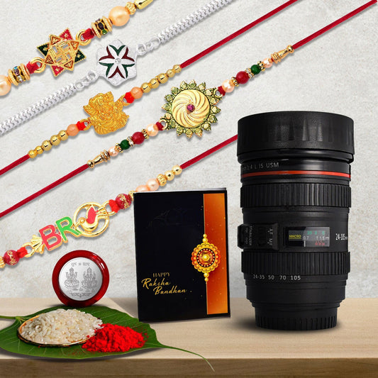 5 Rakhi Set With Traditional Design Golden Color Rakhi And Silver Color Rakhi With Coffee Camera Lense Mug ,Silver Color Pooja Coin, Roli Chawal & Greeting Card - Needs You