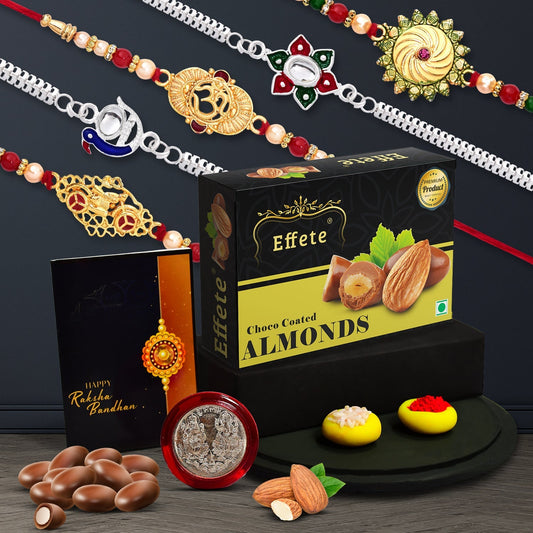 5 Rakhi Set With Traditional Design Golden Color Rakhi And Silver Color Rakhi With Effete Choco Almond Chocolate 32Gm ,Silver Color Pooja Coin, Roli Chawal & Greeting Card - Needs You