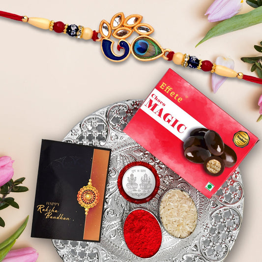 Beautiful Mor With Morpichh Rakhi With Effete Choco Magic Chocolate 32Gm With Pooja Thali ,Silver Color Pooja Coin, Roli Chawal & Greeting Card - Needs You