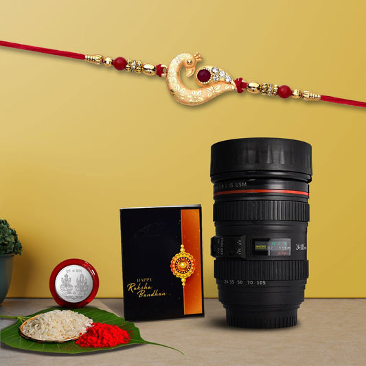 Bhari Acrylic Rakhi With Coffee Camera Lense Mug ,Silver Color Pooja Coin, Roli Chawal & Greeting Card - Needs You