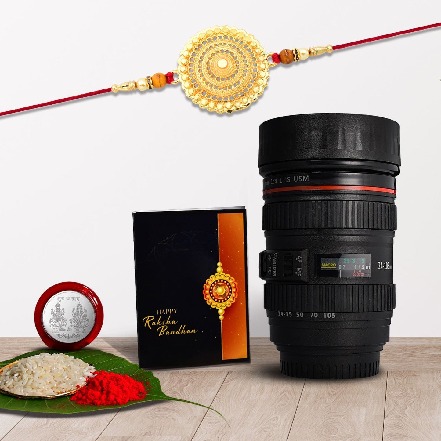 Big Circle Design With Beads With Coffee Camera Lense Mug ,Silver Color Pooja Coin, Roli Chawal & Greeting Card - Needs You