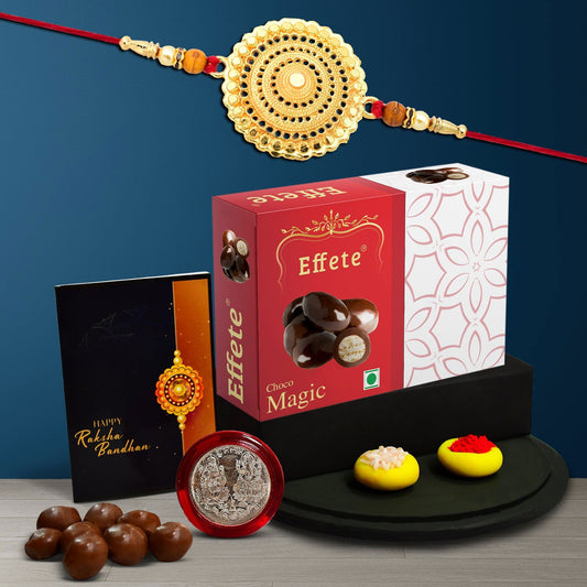 Big Circle Design With Beads With Effete Magic Chocolate 32Gm ,Silver Color Pooja Coin, Roli Chawal & Greeting Card - Needs You