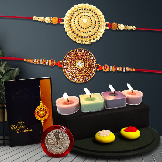 Big Flower Rakhi With Traditional Round Rakhi With Decorative Gift 4Pc Diya Set ,Silver Color Pooja Coin, Roli Chawal & Greeting Card - Needs You