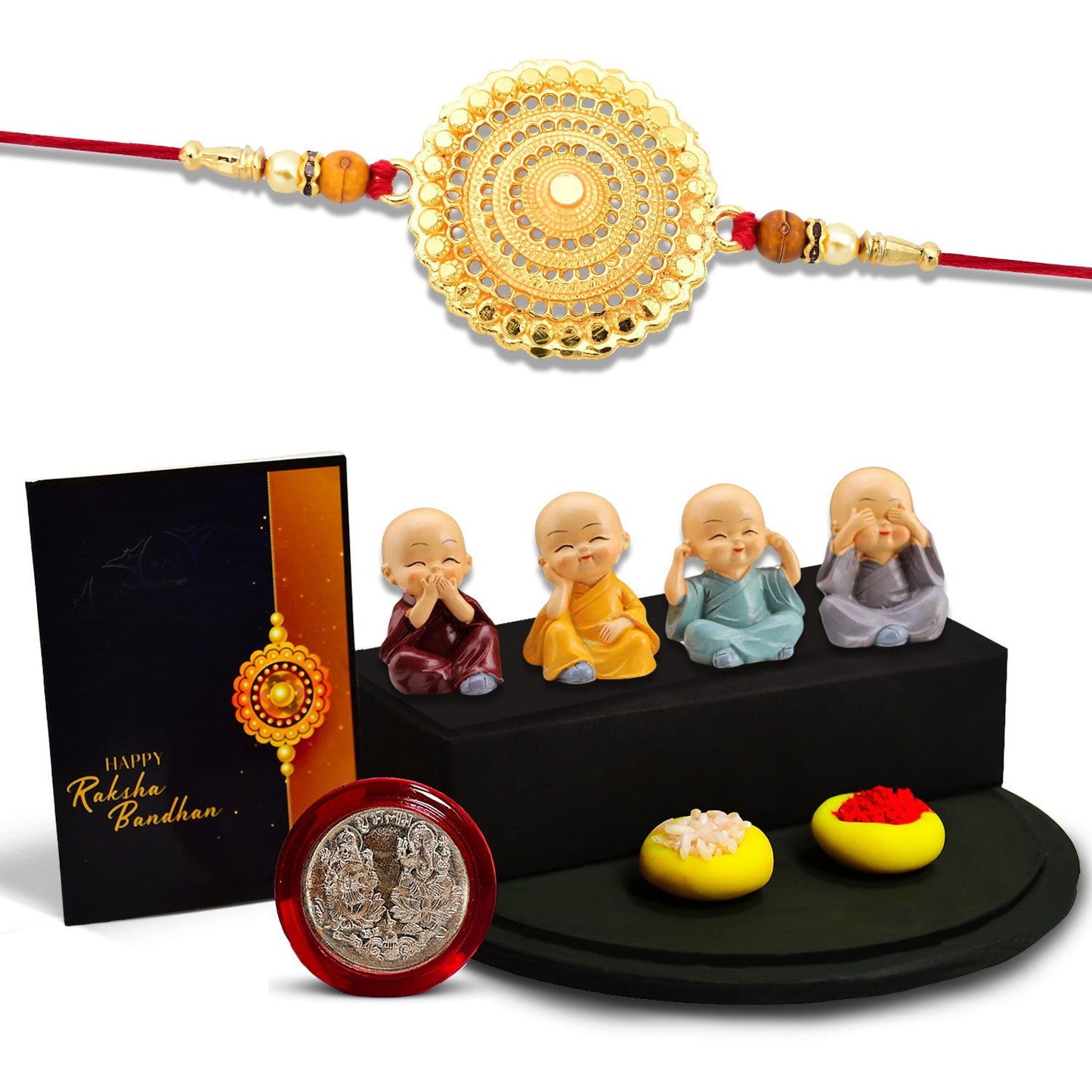 Big Golden Round Rakhi With Decorative Baby Buddha Gift ,Silver Color Pooja Coin, Roli Chawal & Greeting Card - Needs You