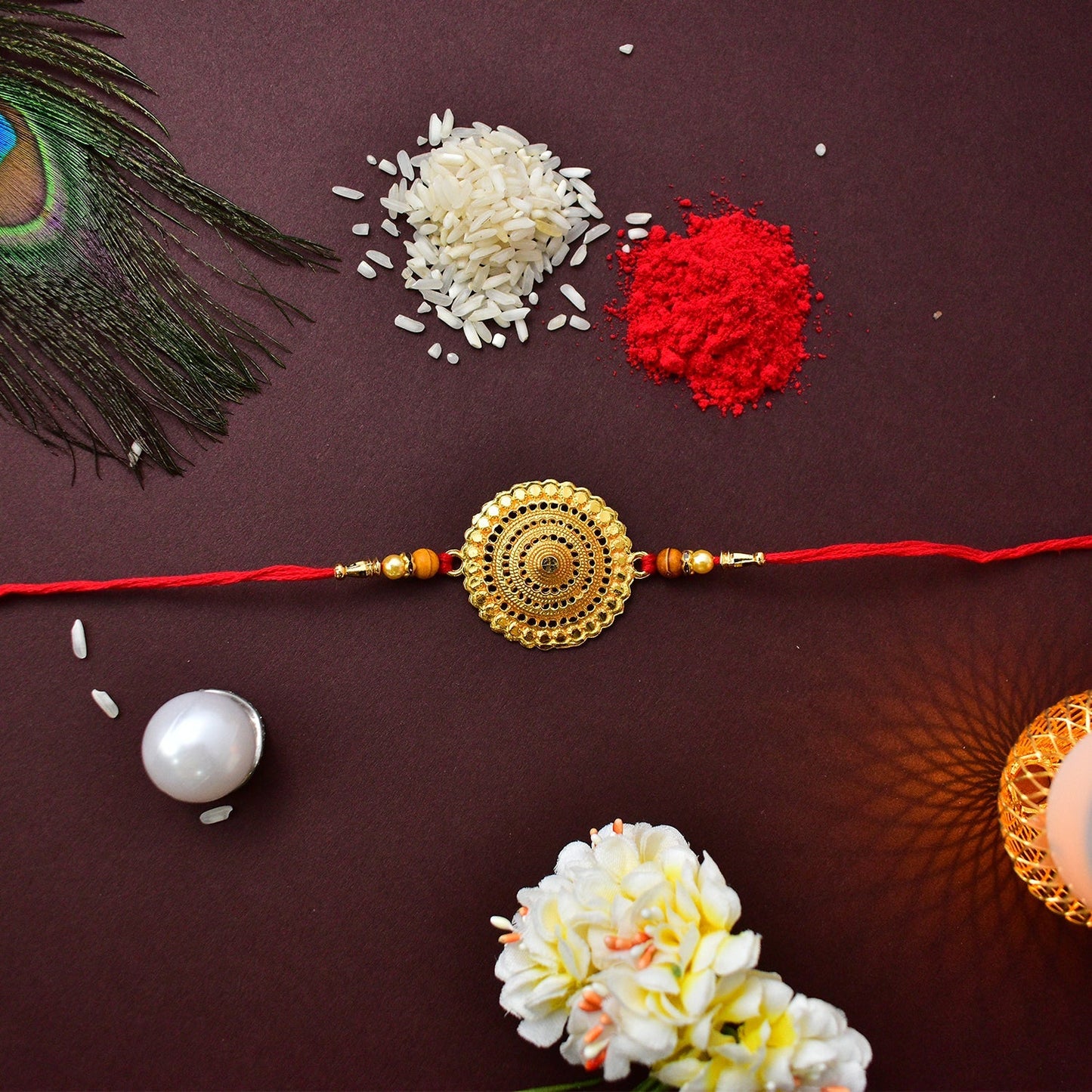 Big Golden Round Rakhi With Decorative Baby Buddha Gift ,Silver Color Pooja Coin, Roli Chawal & Greeting Card - Needs You