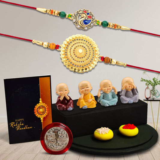 Big Golden Round Rakhi With Mor Rakhi With Decorative Baby Buddha Gift ,Silver Color Pooja Coin, Roli Chawal & Greeting Card - Needs You