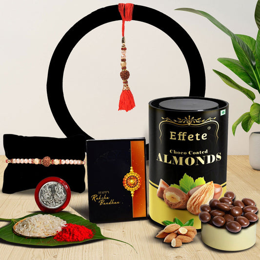 Bright Rakhi With Colorful Beads And A Shiny Center With Effete Choco Almond Chocolate 96Gm ,Silver Color Pooja Coin, Roli Chawal & Greeting Card - Needs You