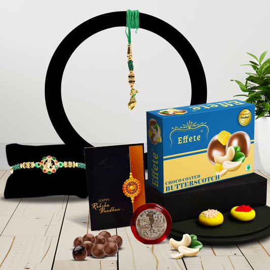 Bro Square Rakhi With Effete Butterscotch Chocolate 32Gm ,Silver Color Pooja Coin, Roli Chawal & Greeting Card - Needs You