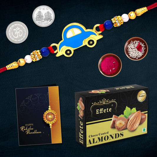 Car Rakhi Combo with Effete Choco Almond 32gm, Silver Color Pooja Coin, Roli Chawal & Greeting Card - Needs You