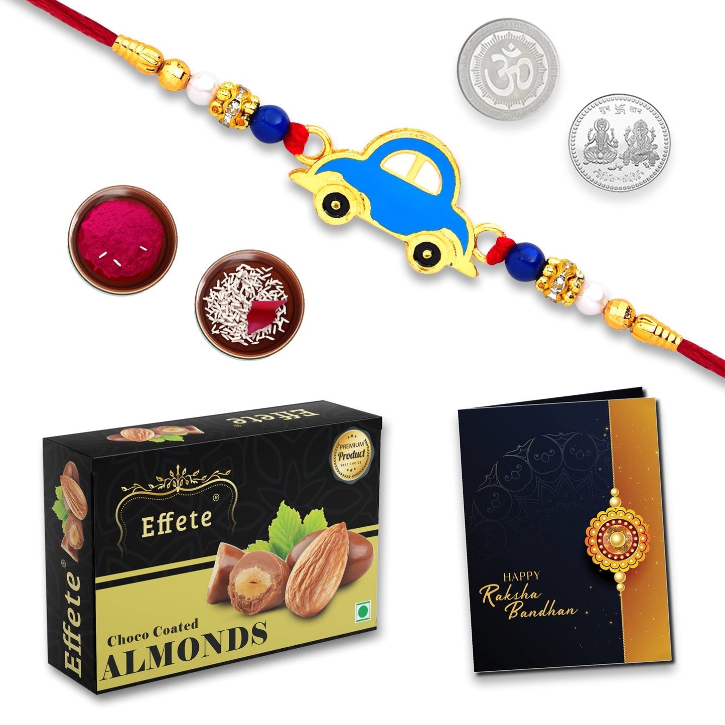 Car Rakhi Combo with Effete Choco Almond 32gm, Silver Color Pooja Coin, Roli Chawal & Greeting Card - Needs You