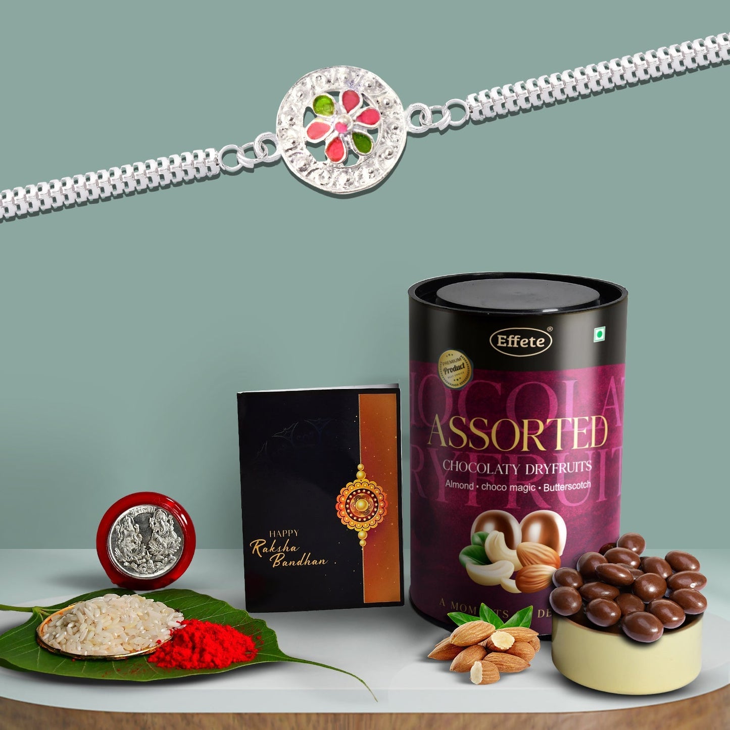 Circle Shape With Colorful Stones Bracelet With Effete Assorted Chocolate 96Gm ,Silver Color Pooja Coin, Roli Chawal & Greeting Card - Needs You