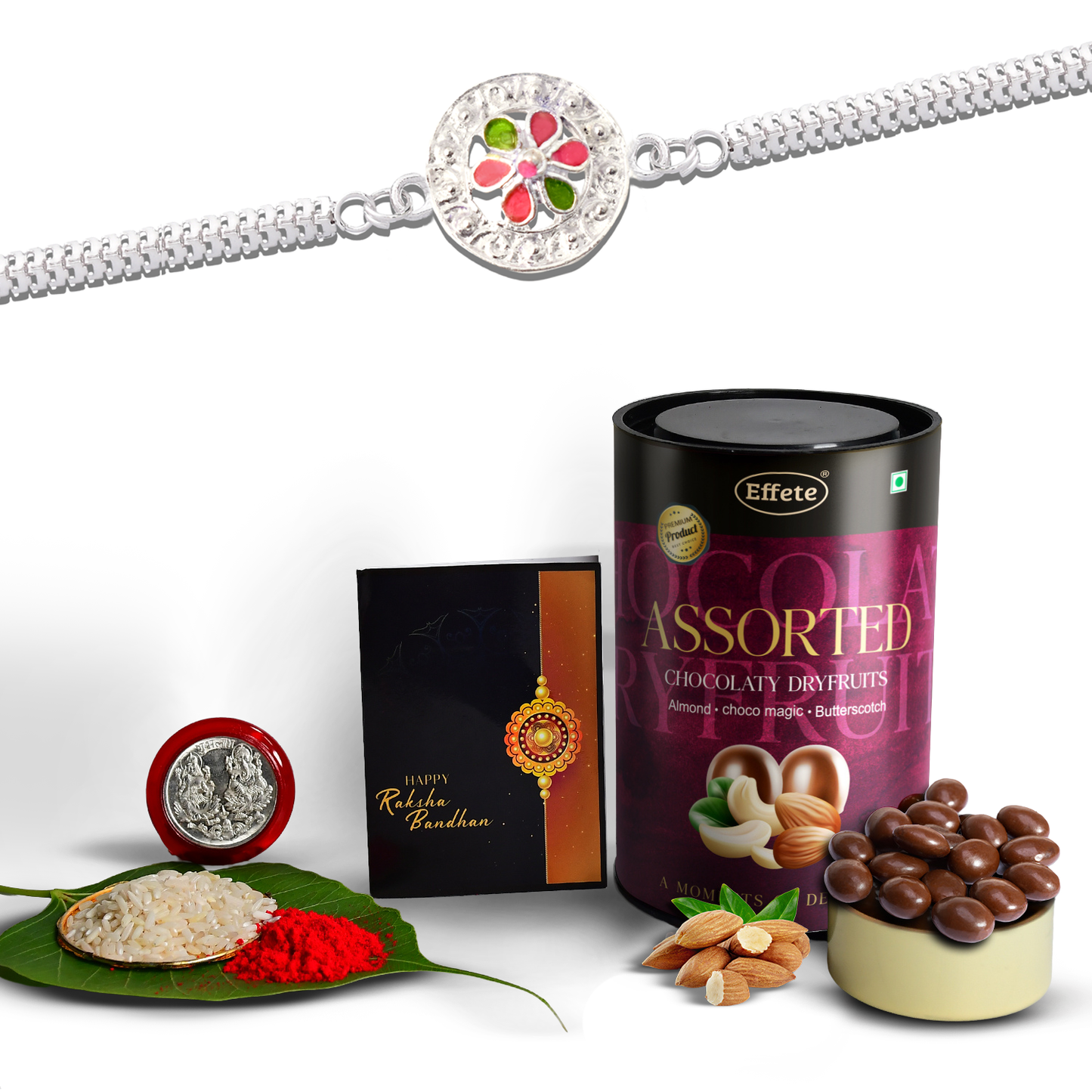 Circle Shape With Colorful Stones Bracelet With Effete Assorted Chocolate 96Gm ,Silver Color Pooja Coin, Roli Chawal & Greeting Card - Needs You