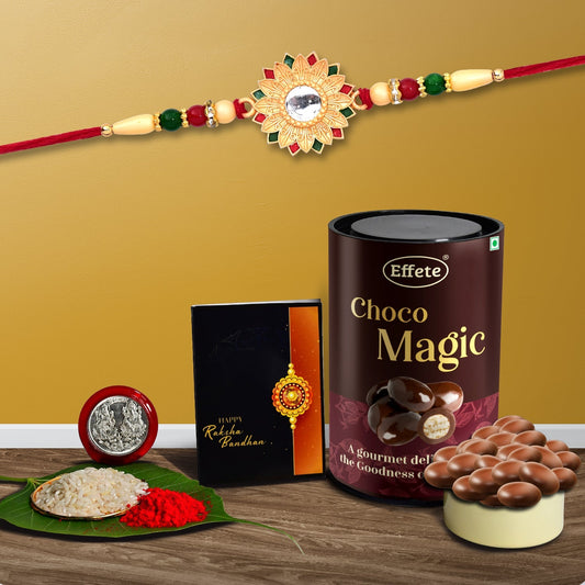 Circle Shape With Red & Green Mina With Effete Magic Chocolate 96Gm ,Silver Color Pooja Coin, Roli Chawal & Greeting Card - Needs You