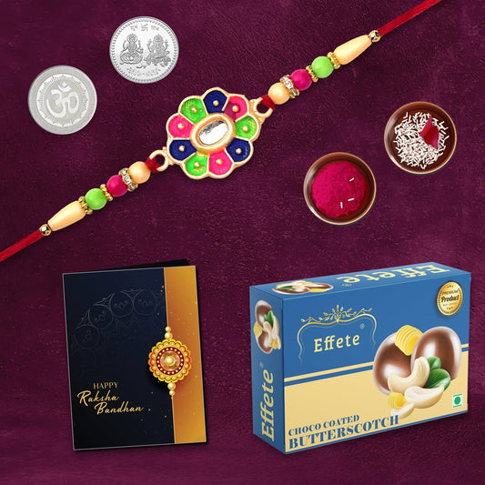 Colorful Beads Circle Shape With Effete Butterscotch Chocolate 32Gm ,Silver Color Pooja Coin, Roli Chawal & Greeting Card - Needs You