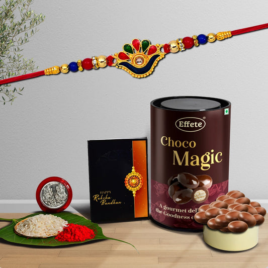 Colorful Classic Design With Beads With Effete Magic Chocolate 96Gm ,Silver Color Pooja Coin, Roli Chawal & Greeting Card - Needs You