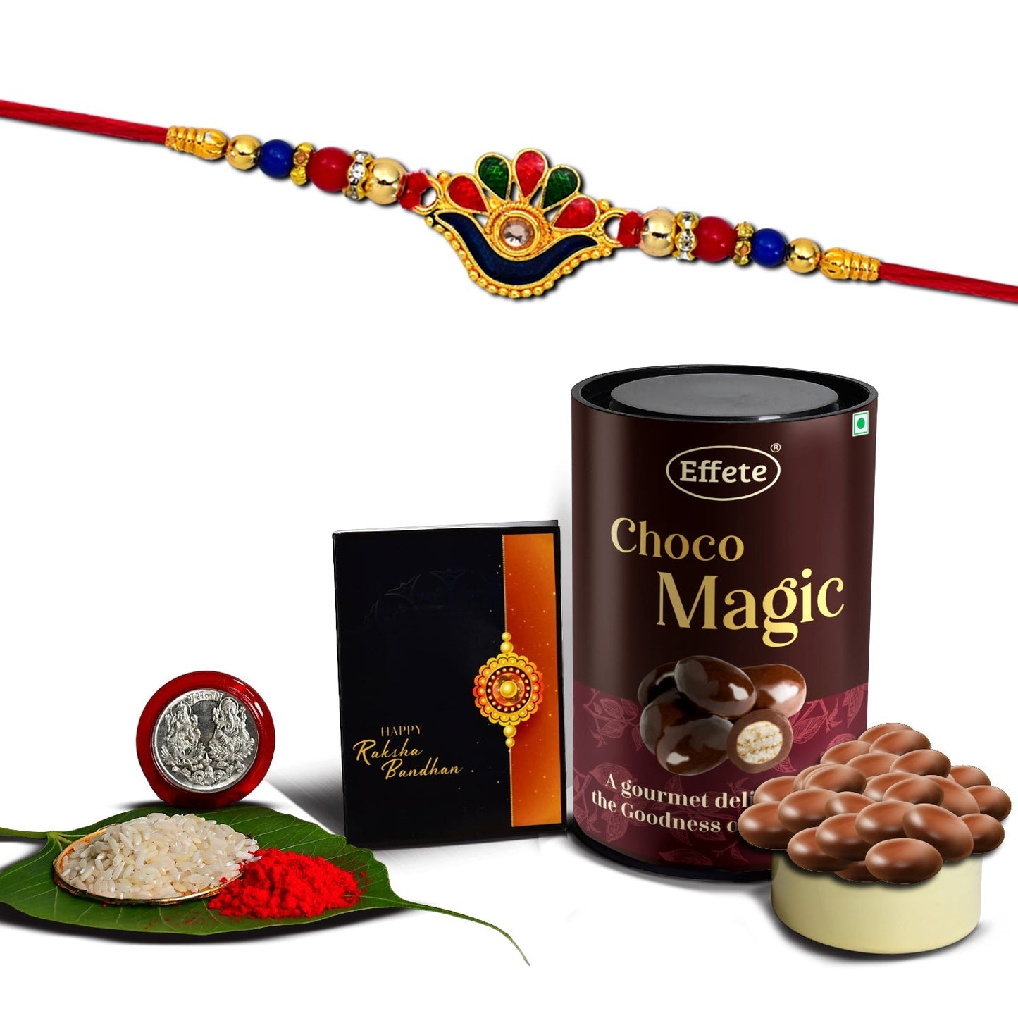 Colorful Classic Design With Beads With Effete Magic Chocolate 96Gm ,Silver Color Pooja Coin, Roli Chawal & Greeting Card - Needs You