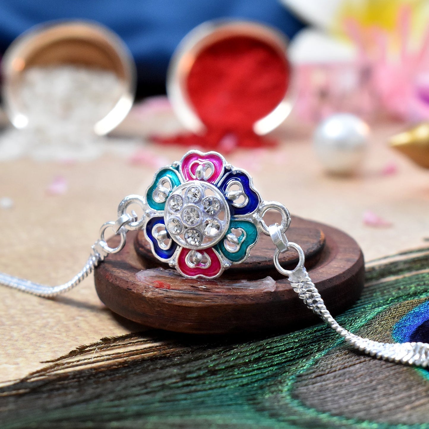 Colorful Heart Shape Circle Bracelet With Effete Assorted Chocolate 96Gm ,Silver Color Pooja Coin, Roli Chawal & Greeting Card - Needs You