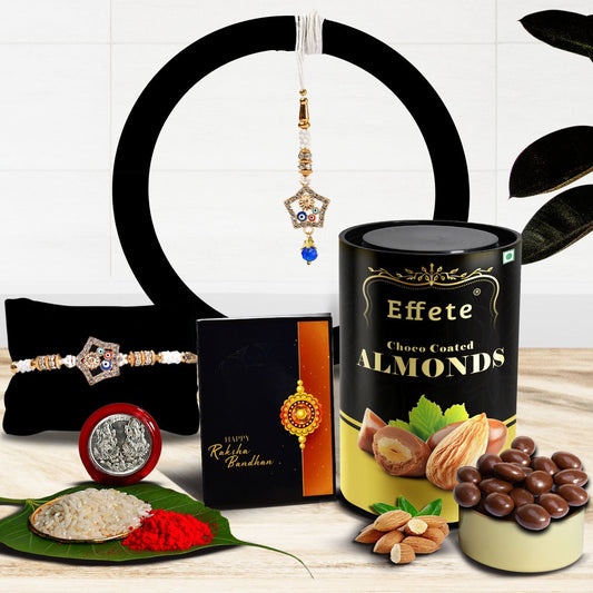 Colorful Mina And Diamond Round Traditional Rakhi With Effete Choco Almond Chocolate 96Gm ,Silver Color Pooja Coin, Roli Chawal & Greeting Card - Needs You