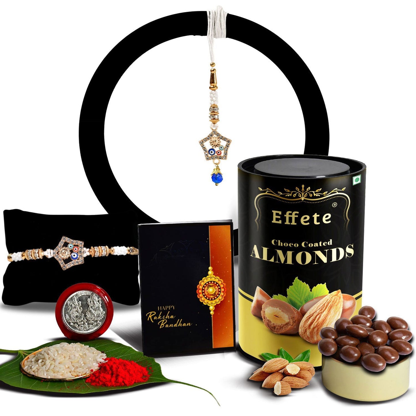 Colorful Mina And Diamond Round Traditional Rakhi With Effete Choco Almond Chocolate 96Gm ,Silver Color Pooja Coin, Roli Chawal & Greeting Card - Needs You