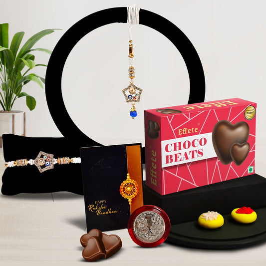 Colorful Mina And Diamond Round Traditional Rakhi With Effete Choco Beats Chocolate 32Gm ,Silver Color Pooja Coin, Roli Chawal & Greeting Card - Needs You