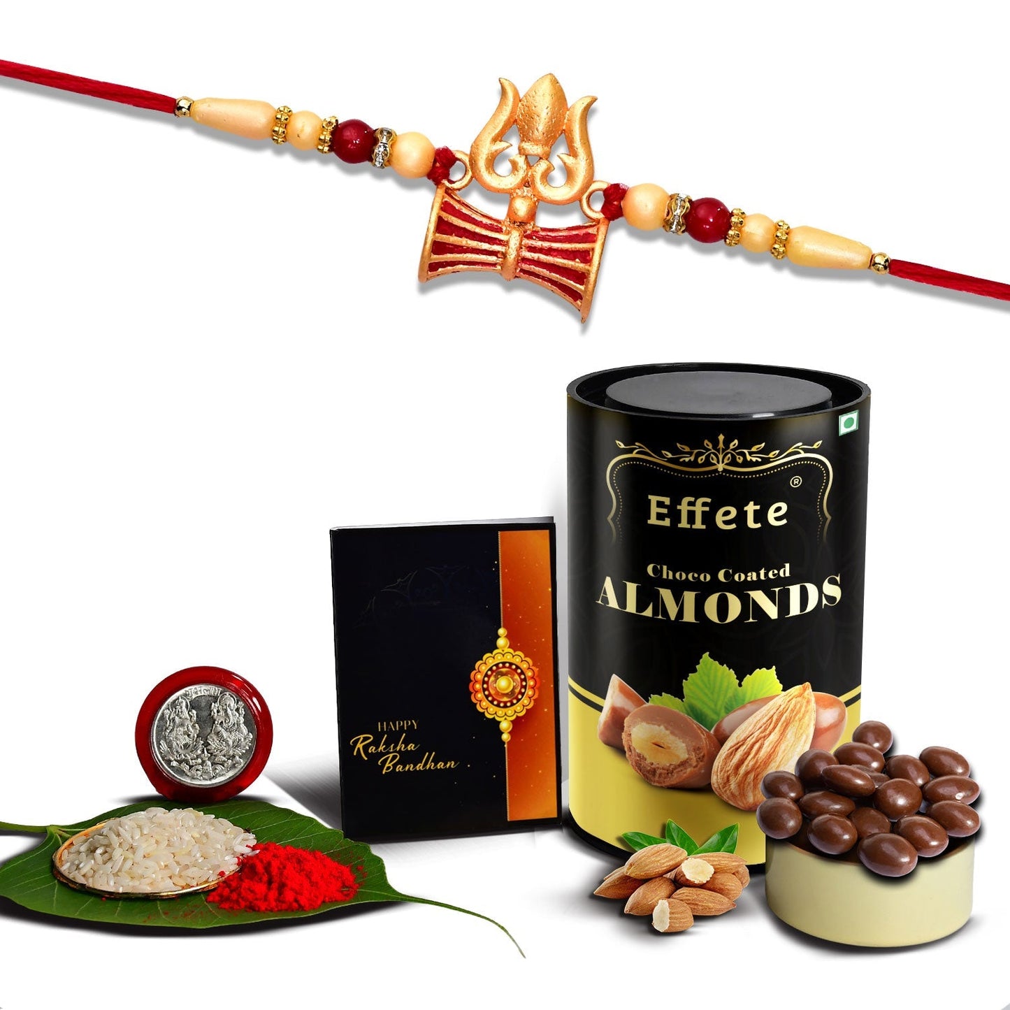 Damru Design With Trishul With Effete Choco Almond Chocolate 96Gm ,Silver Color Pooja Coin, Roli Chawal & Greeting Card - Needs You