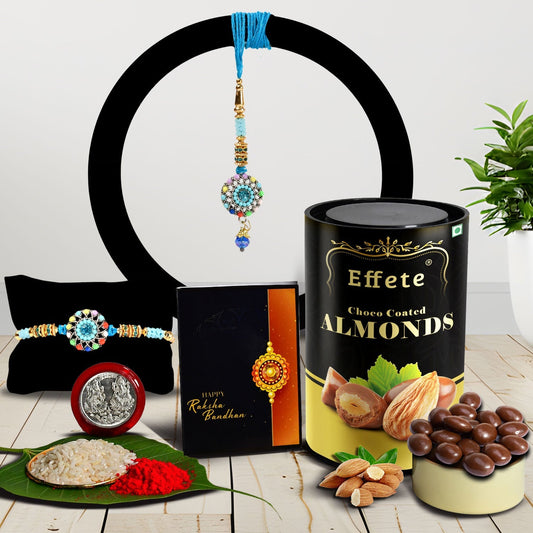 Flower Design With Diamond With Effete Choco Almond Chocolate 96Gm ,Silver Color Pooja Coin, Roli Chawal & Greeting Card - Needs You