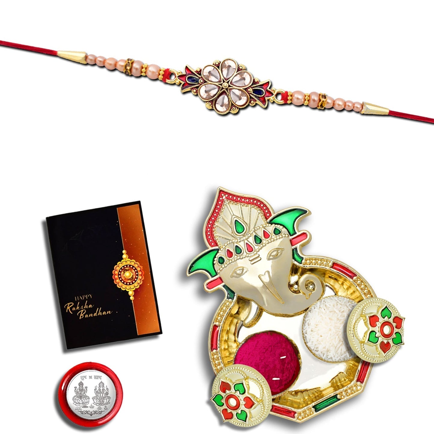 Flower Diamond Rakhi With Red And Blue Mina With Ganesha Pooja Thali Set ,Silver Color Pooja Coin, Roli Chawal & Greeting Card - Needs You