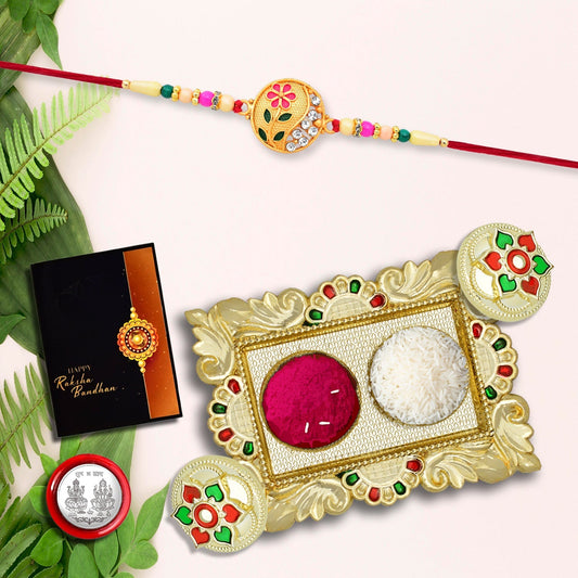 Flower Diamond Rakhi With Red And Green Mina With Square Pooja Thali Set ,Silver Color Pooja Coin, Roli Chawal & Greeting Card - Needs You