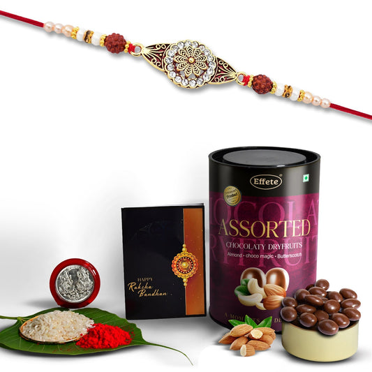 Flower Rakhi Combo with Effete Assorted Chocolate Dry fruits 96gm, Silver Color Pooja Coin, Roli Chawal & Greeting Card - Needs You