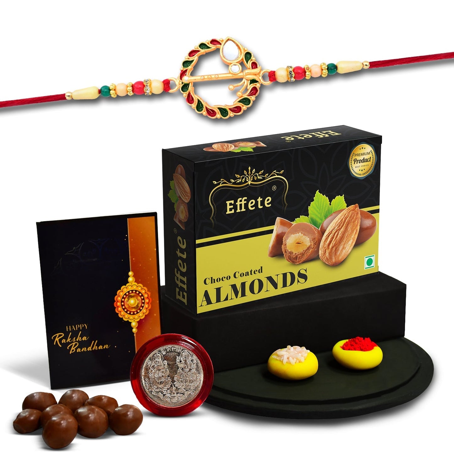 Flute In Circle With Red & Green Beads With Effete Choco Almond Chocolate 32Gm ,Silver Color Pooja Coin, Roli Chawal & Greeting Card - Needs You