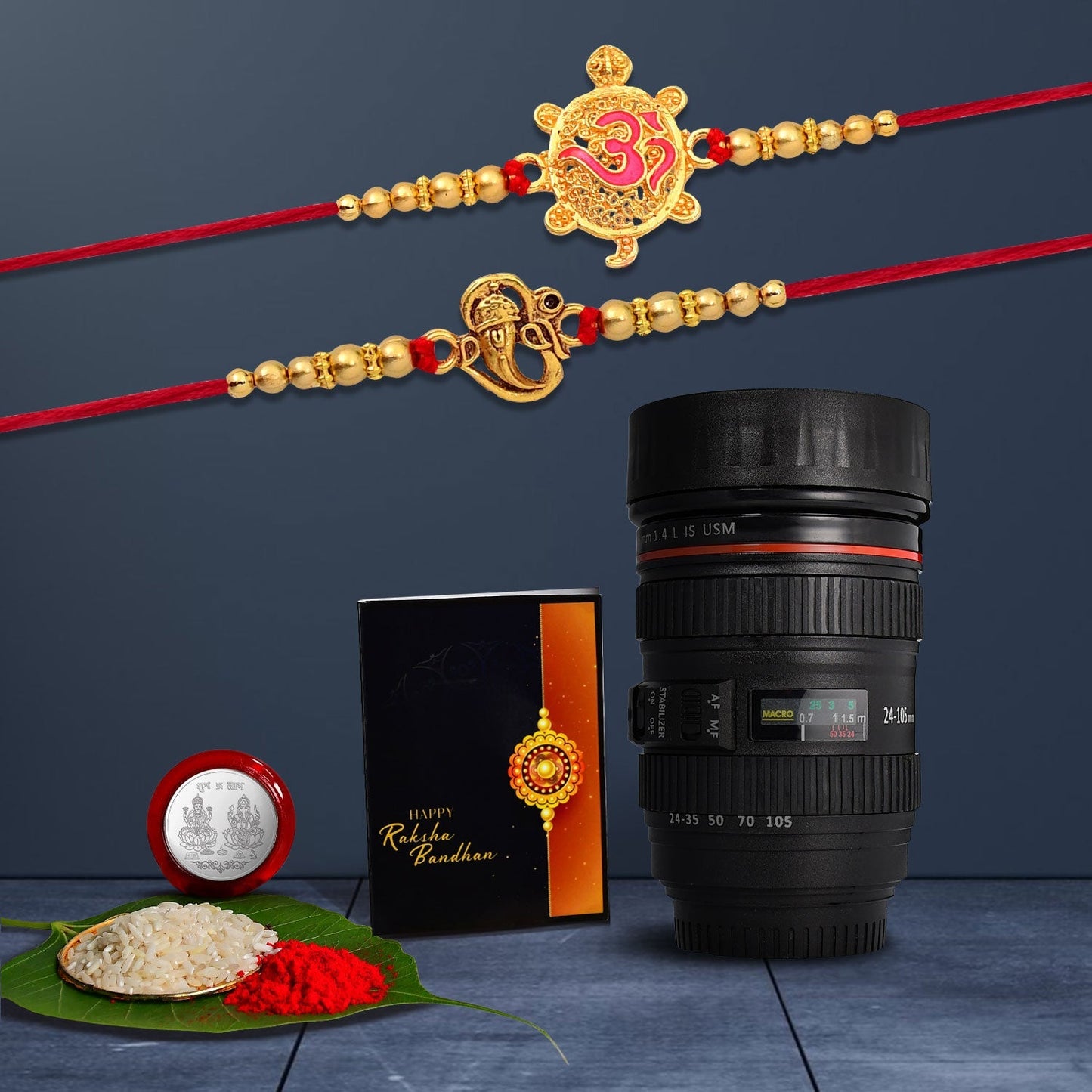 Ganesh And Turtle Golden Color 2 Rakhi With Coffee Camera Lens Mug With Coffee Camera Lense Mug ,Silver Color Pooja Coin, Roli Chawal & Greeting Card - Needs You