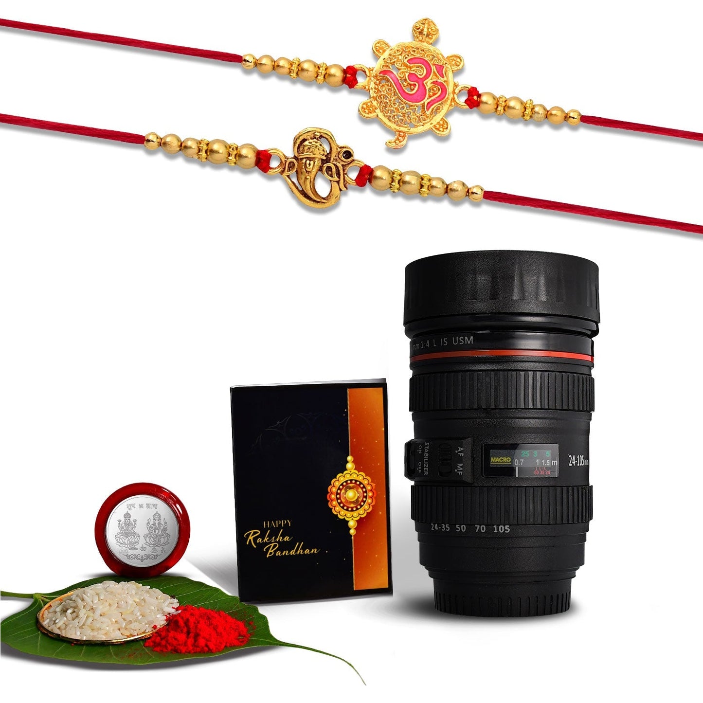 Ganesh And Turtle Golden Color 2 Rakhi With Coffee Camera Lens Mug With Coffee Camera Lense Mug ,Silver Color Pooja Coin, Roli Chawal & Greeting Card - Needs You