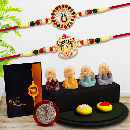 Ganesh Golden Color Rakhi And Mor Round Traditional Rakhi With Decorative Baby Buddha Gift ,Silver Color Pooja Coin, Roli Chawal & Greeting Card - Needs You