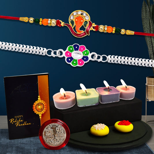 Ganesh Golden Color Rakhi And Silver Flower Rakhi With Decorative Gift 4Pc Diya Set For Your Brother,Silver Color Pooja Coin, Roli Chawal & Greeting Card - Needs You