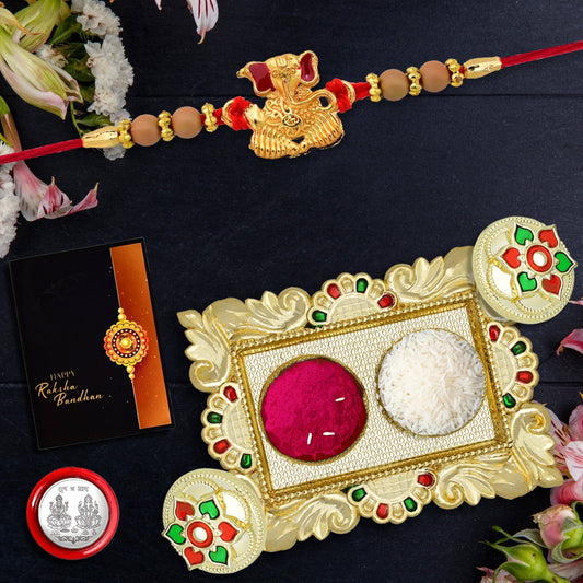 Ganesh With Beads Rakhi With Square Pooja Thali Set ,Silver Color Pooja Coin, Roli Chawal & Greeting Card - Needs You