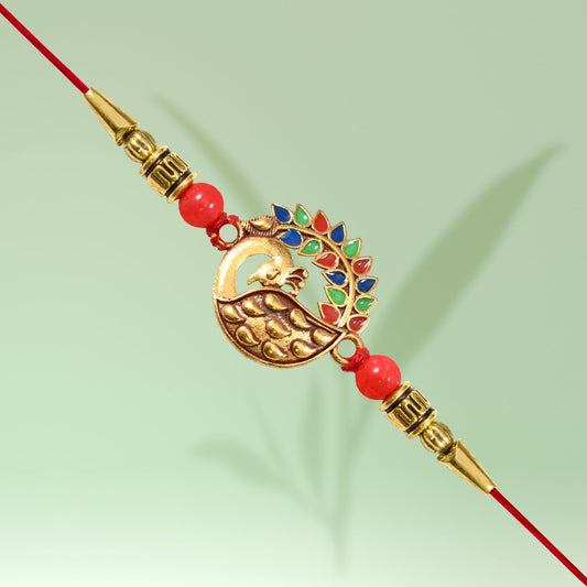 Golden Peacock With Colored Feather Rakhi - Needs You