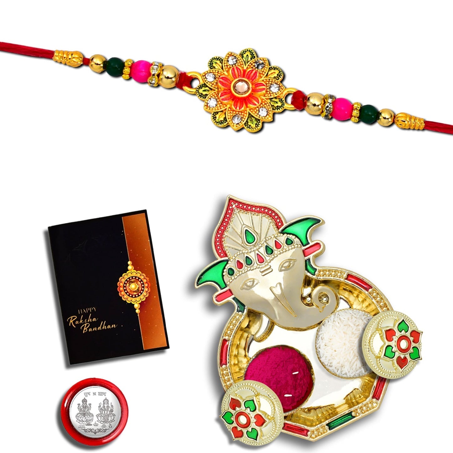 Green And Red Flower Rakhi With Ganesha Pooja Thali Set ,Silver Color Pooja Coin, Roli Chawal & Greeting Card - Needs You