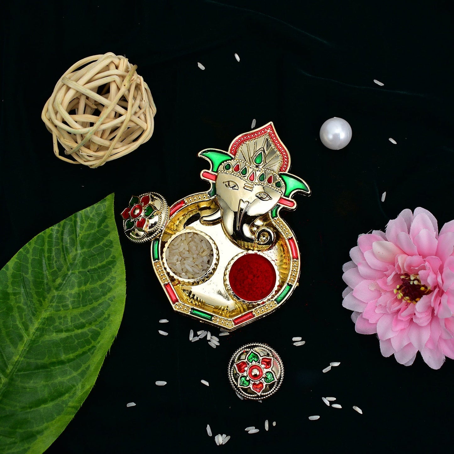 Green And Red Flower Rakhi With Ganesha Pooja Thali Set ,Silver Color Pooja Coin, Roli Chawal & Greeting Card - Needs You