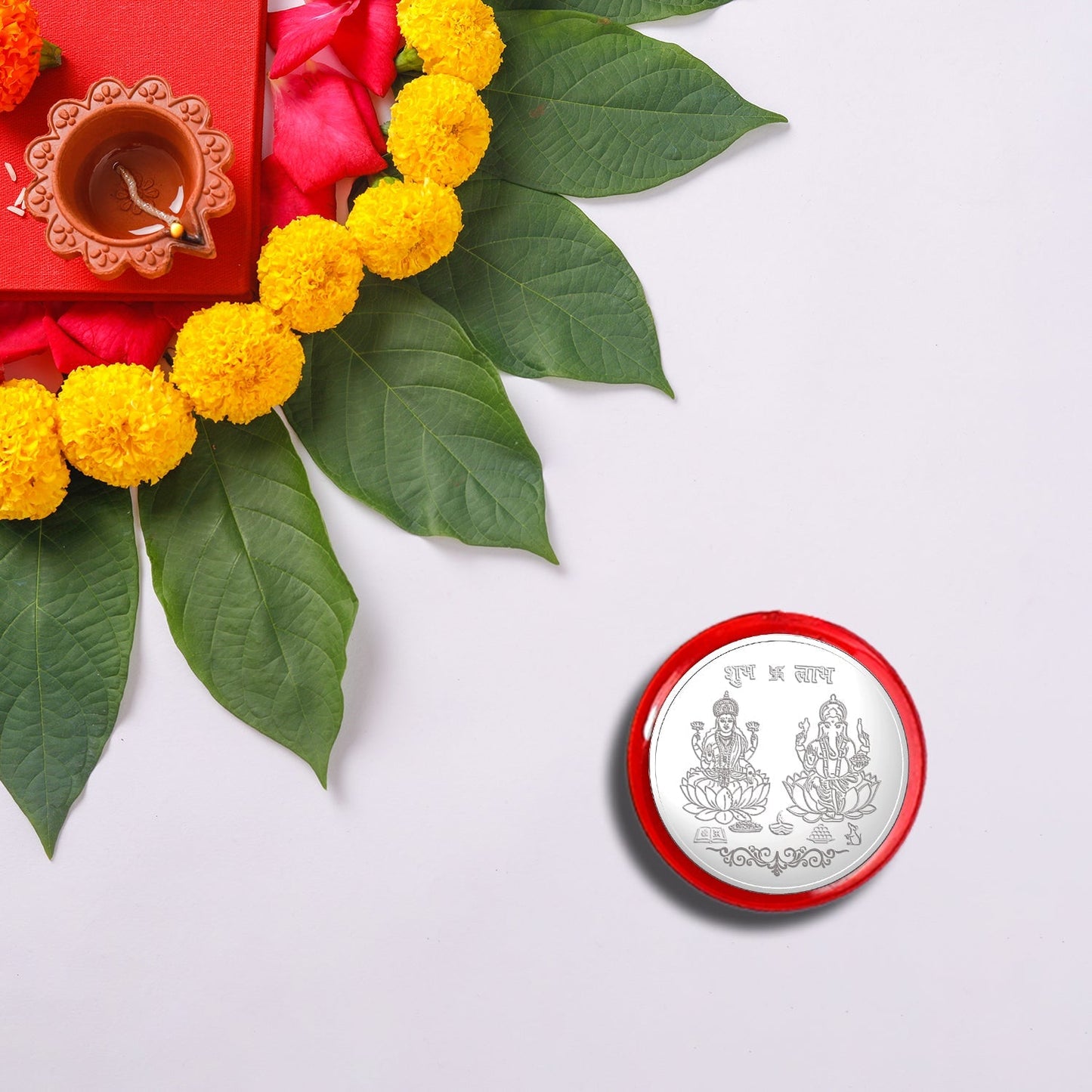 Green And Red Flower Rakhi With Ganesha Pooja Thali Set ,Silver Color Pooja Coin, Roli Chawal & Greeting Card - Needs You